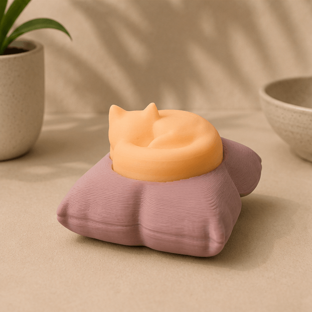 Orange sleeping-cat fidget keychain resting on a mauve fabric pillow, displayed on a beige surface with a potted plant and ceramic bowl in the background.