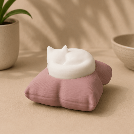 White sleeping-cat fidget keychain resting on a dusty pink fabric pillow, displayed on a beige surface with a potted plant and ceramic bowl in the background.