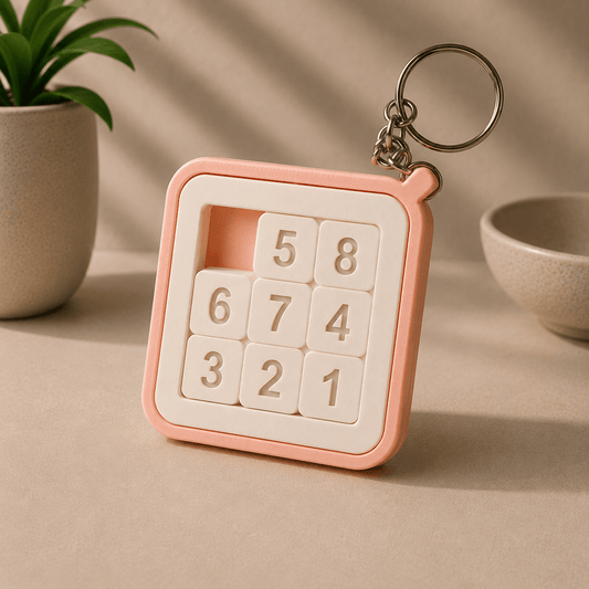 Angled view of the pink and cream 3D-printed Sliding Puzzle Keychain with numbered tiles, showing its side profile and keyring.