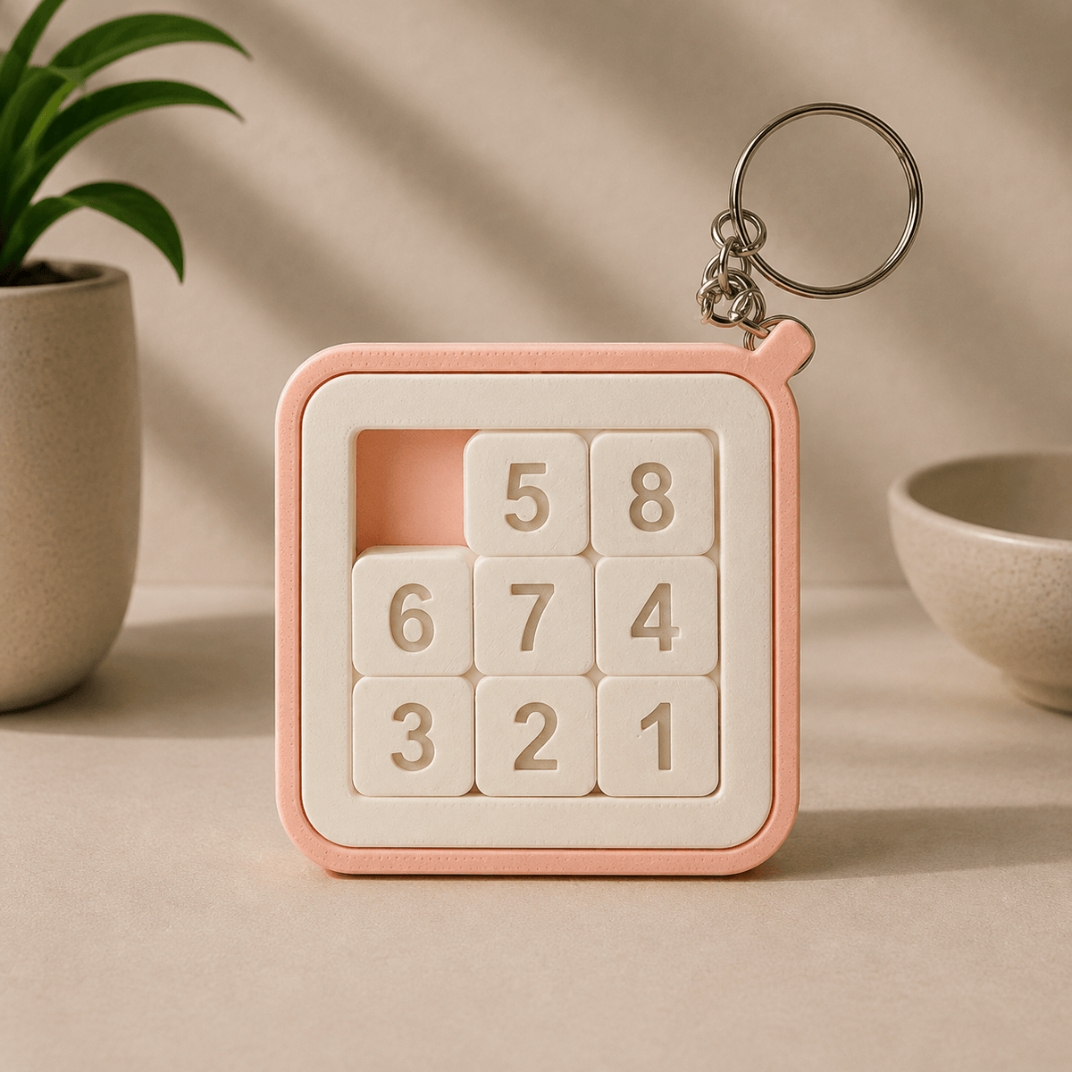 Pink and cream 3D-printed Sliding Puzzle Keychain with numbered tiles 1 through 8, shown upright with its attached keyring.
