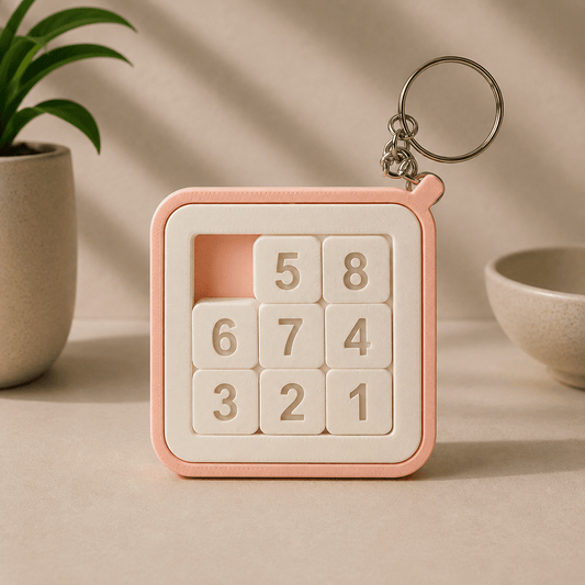 Pink and cream 3D-printed Sliding Puzzle Keychain with numbered tiles 1 through 8, shown upright with its attached keyring.