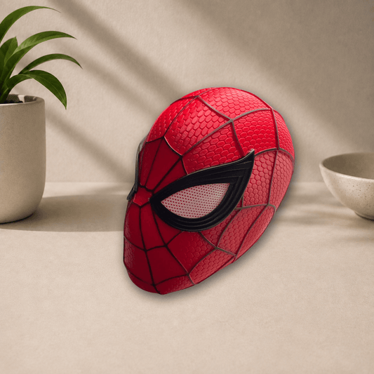 Side profile view of the red 3D-printed Spider-Man Brand New Day cosplay mask, showing its curved eye lens and webbed texture.