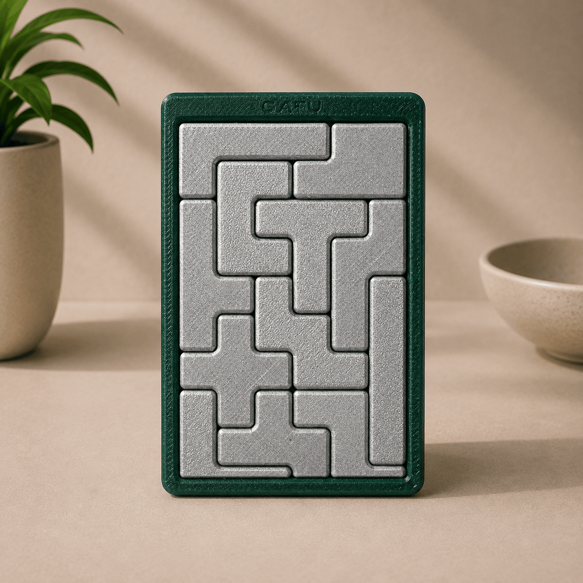 3D-printed Tetris Block Puzzle with silver interlocking tetromino pieces set in a dark green GATU-branded frame, front view.